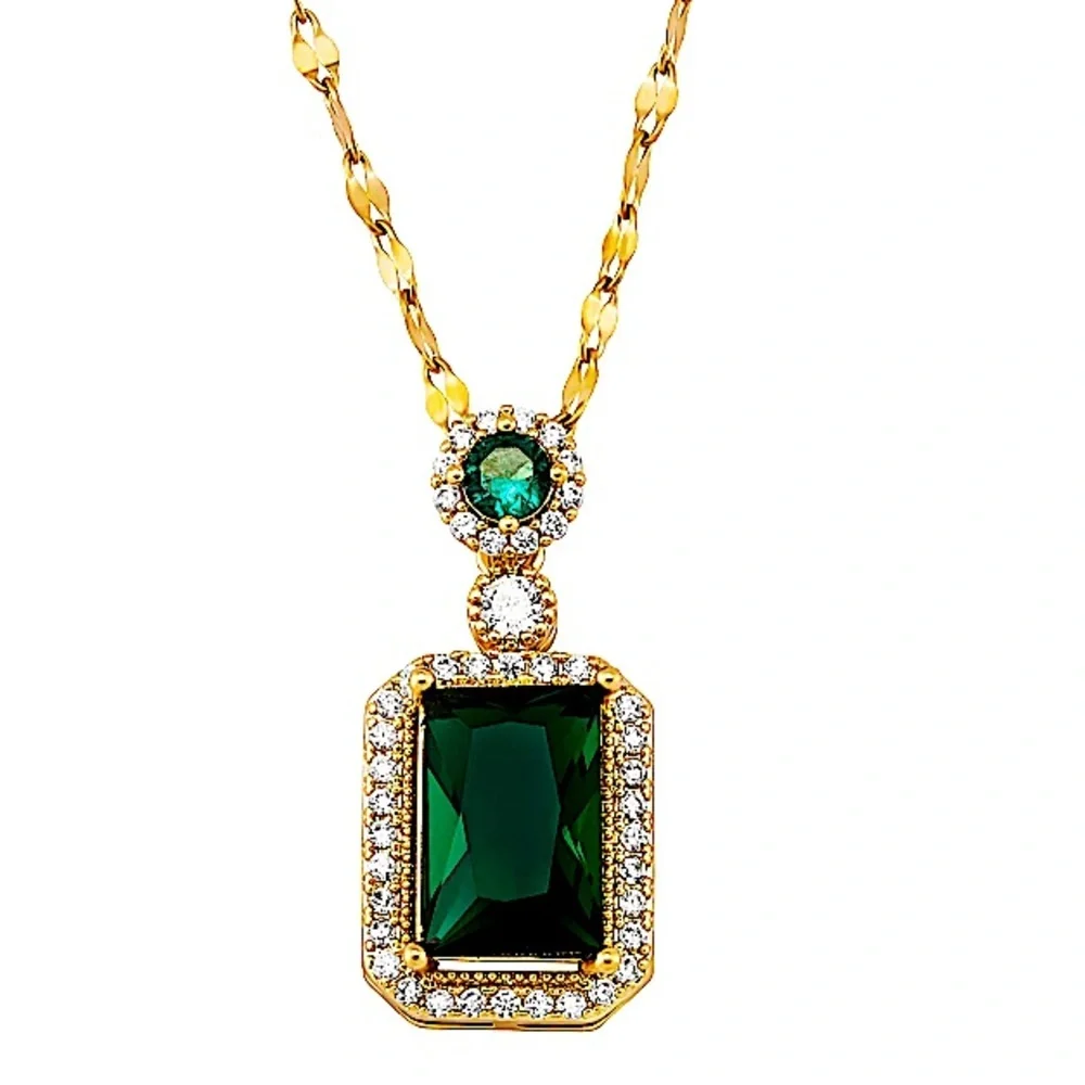 Emerald Gold Plated Zircon Charm Pendant Necklace Matching Earrings Set